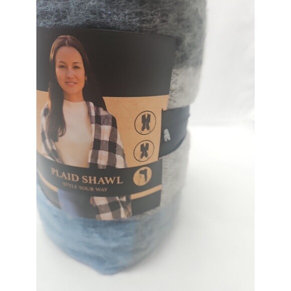 Plaid Igloos Womens Shawl (Blue/Gray/Black) - Picture 3 of 11